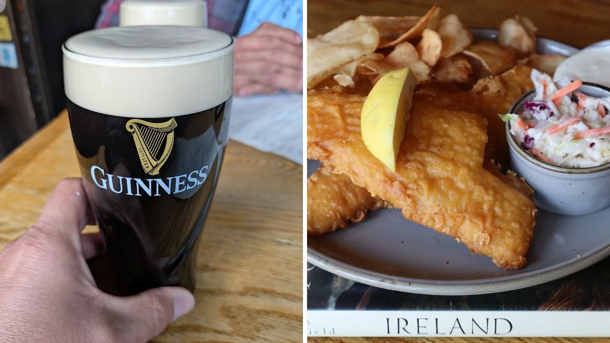 Warm pub tables with drinks and bar snacks.