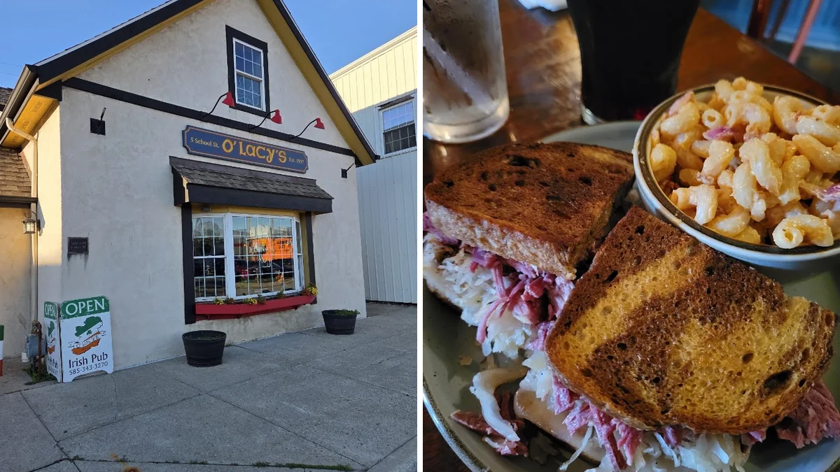 Warm pub tables with drinks and bar snacks.
